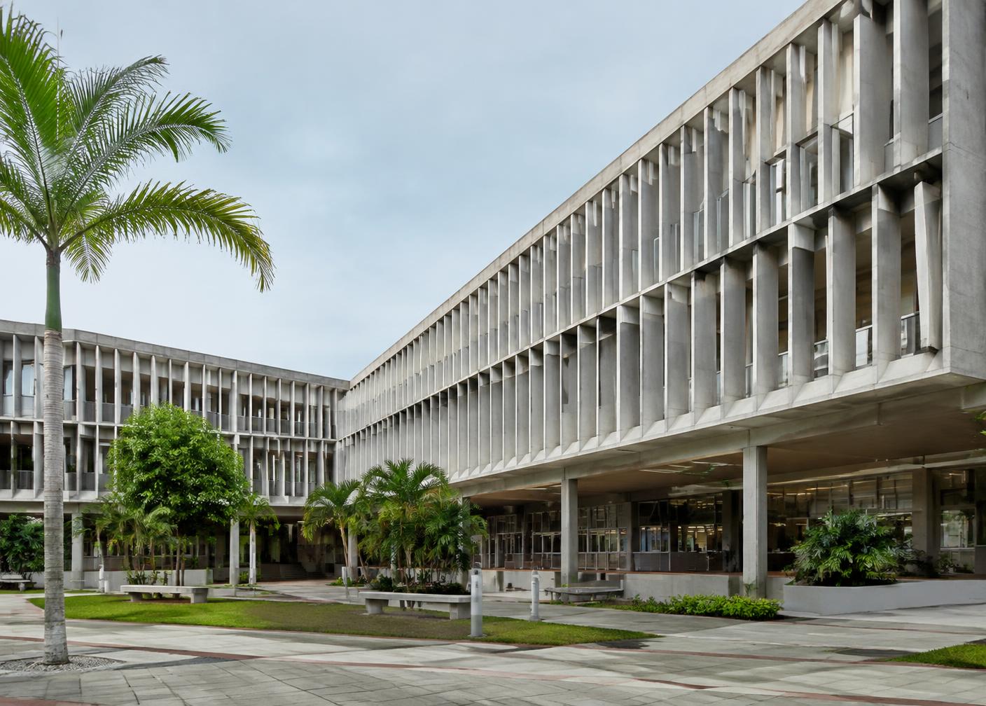 Concrete institutional building with vertical fins and palm trees